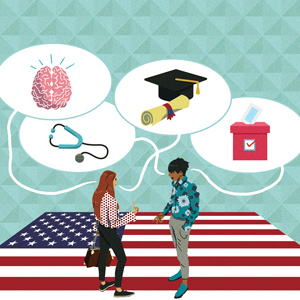 drawing features a US flag, two people talking and images of a brain, a mortar board and diploma, a stethoscope and a ballot box