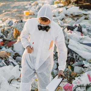 A person in protective gear with clipboard observing waste in a landfill.